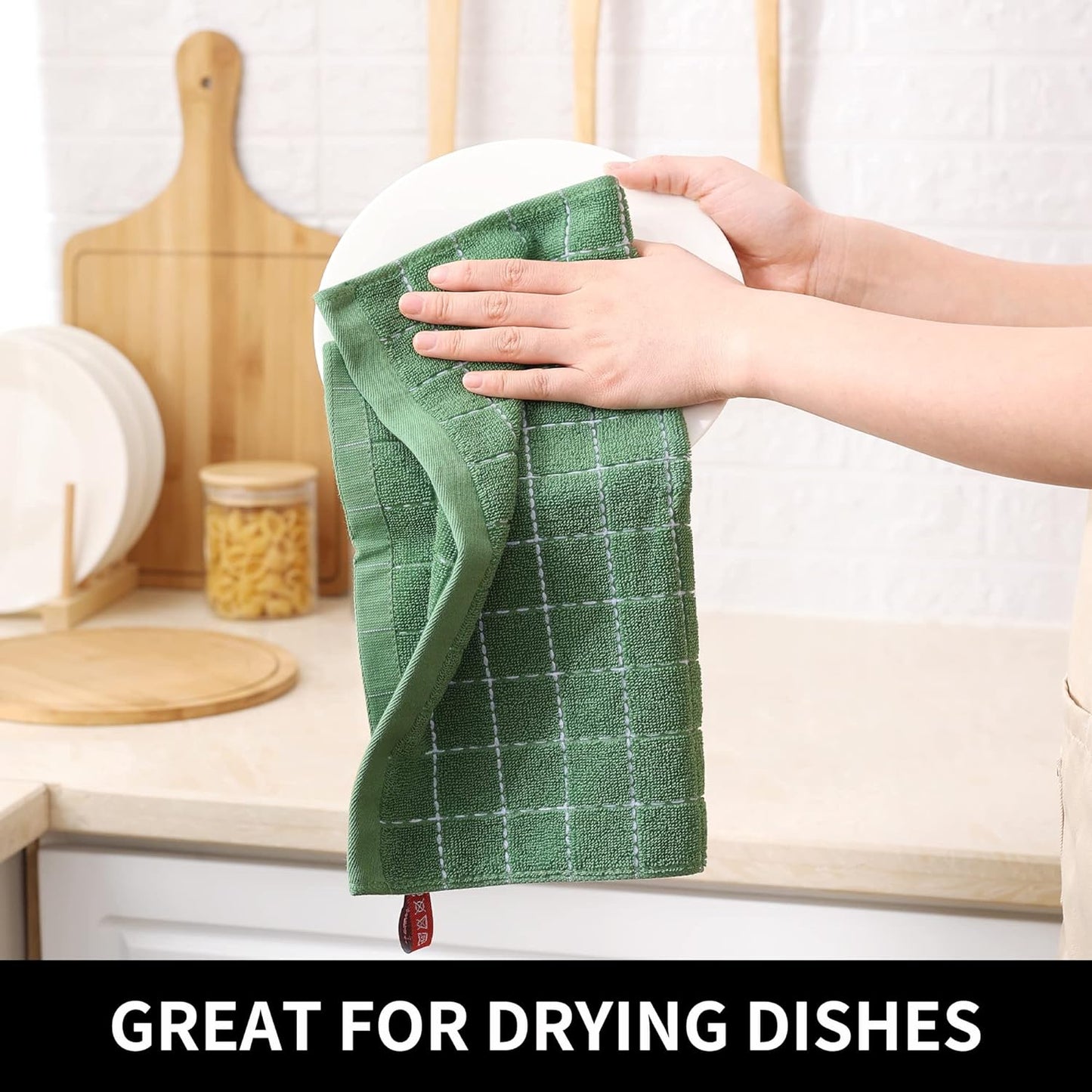 Homaxy 100% Cotton Terry Kitchen Dish Cloths, Ultra Soft and Absorbent Dish Towels for Kitchen, Suitable for Drying and Washing Dishes, 6 Pack, 12 x 12 Inches, Grass Green