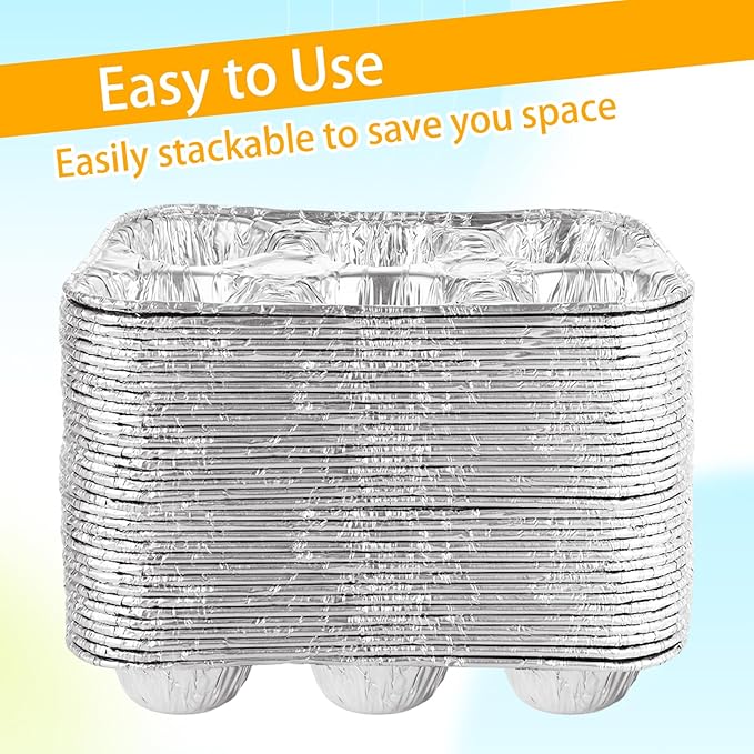 50 Pack 6-Cup Aluminum Muffin Pans, Disposable Muffin Tins for Baking, Standard Size Cupcake Pans for Baking Cupcakes, Muffins and Mini Quiches - 10 x 6.6 x 1.5 inch