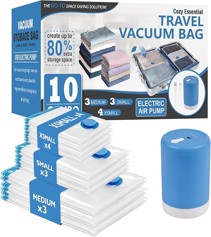 Cozy Essential Travel Vacuum Bags with Rechargeable Electric Pump, 10 Pack Vacuum Travel Bags for Luggage and Suitcase, Vacuum Seal Space Saver Compression for Clothes Clothing