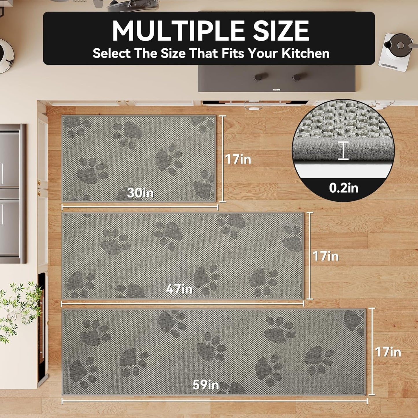 Kitchen Mats for Floor, Super Absorbent Kitchen Rugs Non Slip Washable, Rubber Backing Soft Woven Linen Embroidery Runner Rug, Standing Mat Kitchen Sink Mat, Easy to Clean, Gray 17x30