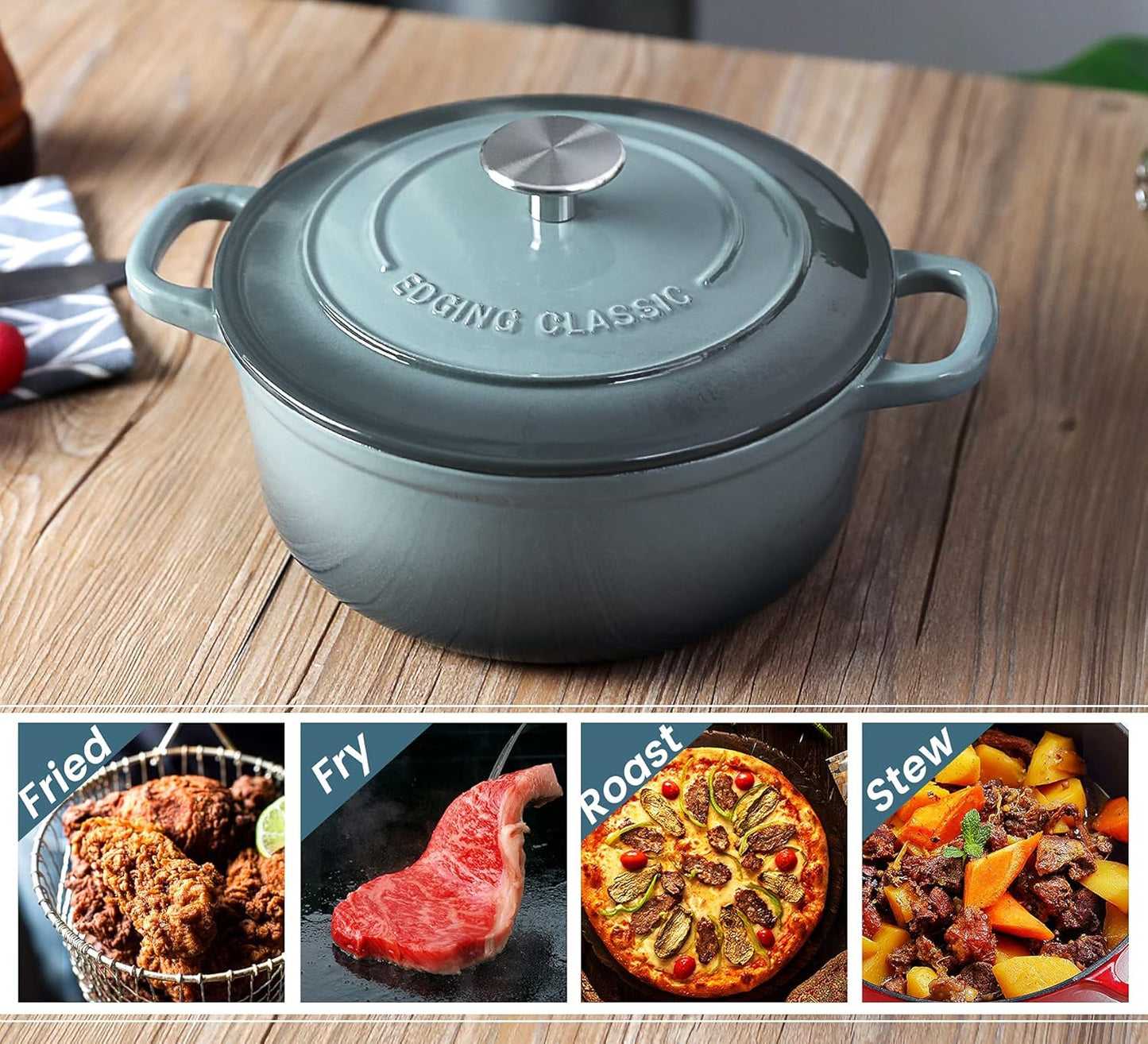 Enameled Cast Iron Covered Dutch Oven with Dual Handle, Dutch Ovens with Lid for Bread Baking, Safe to 500 degrees, 3.5 Quart, Slateblue