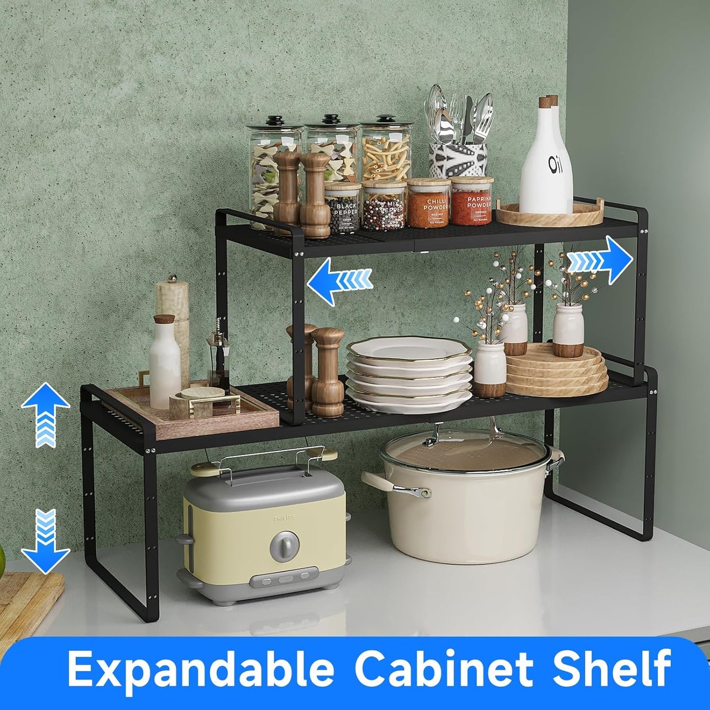 Expandable Cabinet Shelf Organizers, Kitchen Small Stand Rack Organization for Countertop Cupborad Pantry, Black 3 Pack