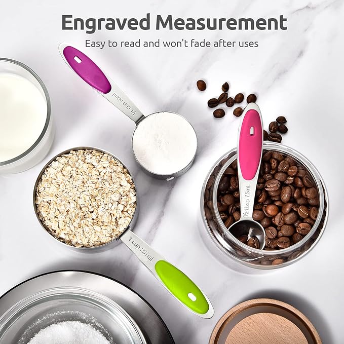 U-Taste 10 Piece Measuring Cups and Spoons Set in 18/8 Stainless Steel (color), and 600ºF Heat Resistant 13 inch Large Non-Stick Silicone Soup Ladle (Black)