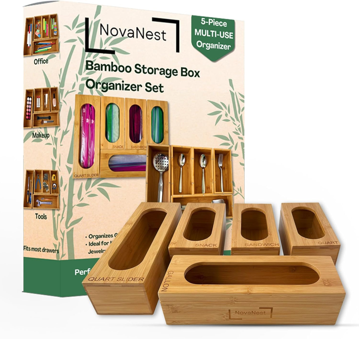 5PCS Bamboo Storage Bag Organizer Set, Multi-Use Baggie Organizers for Gallon, Quart, Sandwich, Snack Food Bags, Tea Bag, Silverware, Ideal for Kitchen, Office, Makeup, Bathroom, Utensil, Junk Drawer