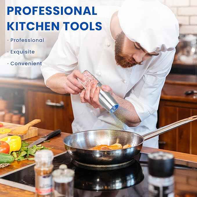 Rechargeable Electric Salt and Pepper Grinder, gravity electric salt and pepper grinder, Adjustable Roughness, LED Light, 1 Pack, (Silver)