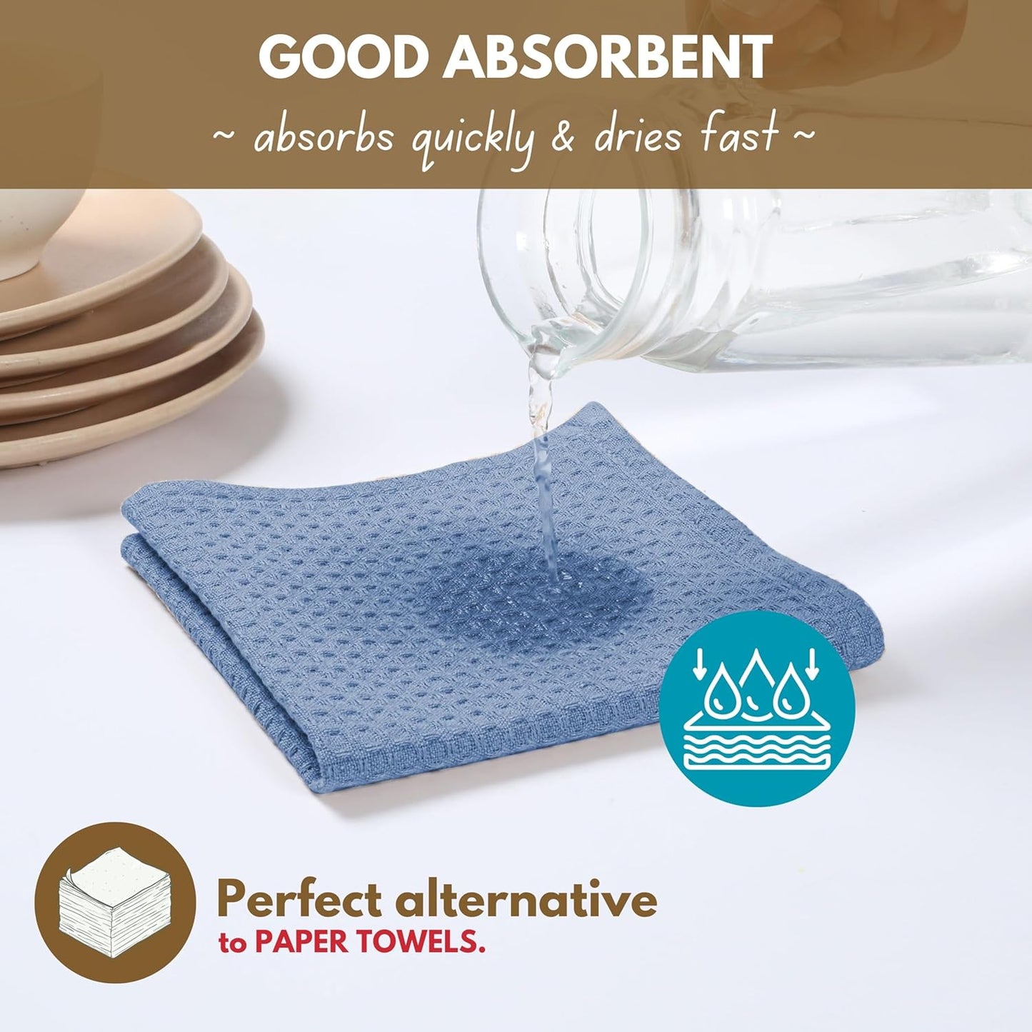 Native Fab Cotton Kitchen Towel with Hanging Loop 16x26 inches, 6-Pack, Waffle Weave Kitchen Towels for Cleaning Drying, Washcloths Soft & Absorbent Cloth Rags, Bar Towel, Dish Cloth, Sky Blue