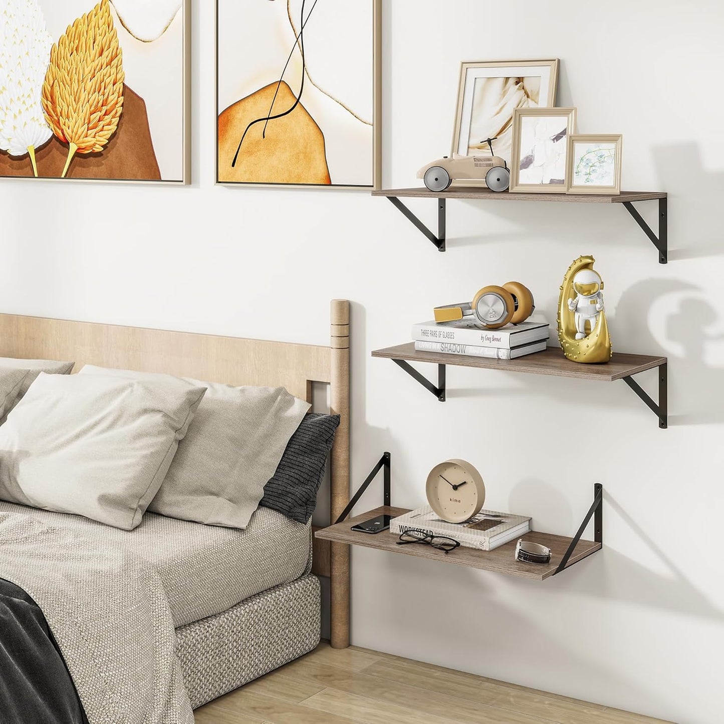 Heimlove 24" W x 12" D Wall Shelves for Books, 12 Inch Deep Floating Shelves Set of 3, Wide Floating Bookshelf with Metal Bracket for Living Room, Kitchen, Office, Bedroom and Decor Storage - Grey