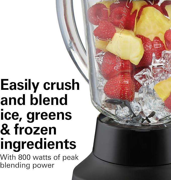 Hamilton Beach Wave Action Blender for Smoothies, Stainless Steel Ice Sabre Blades, 40oz Glass Jar, 800 Watts, Quiet Design, Black (58175)