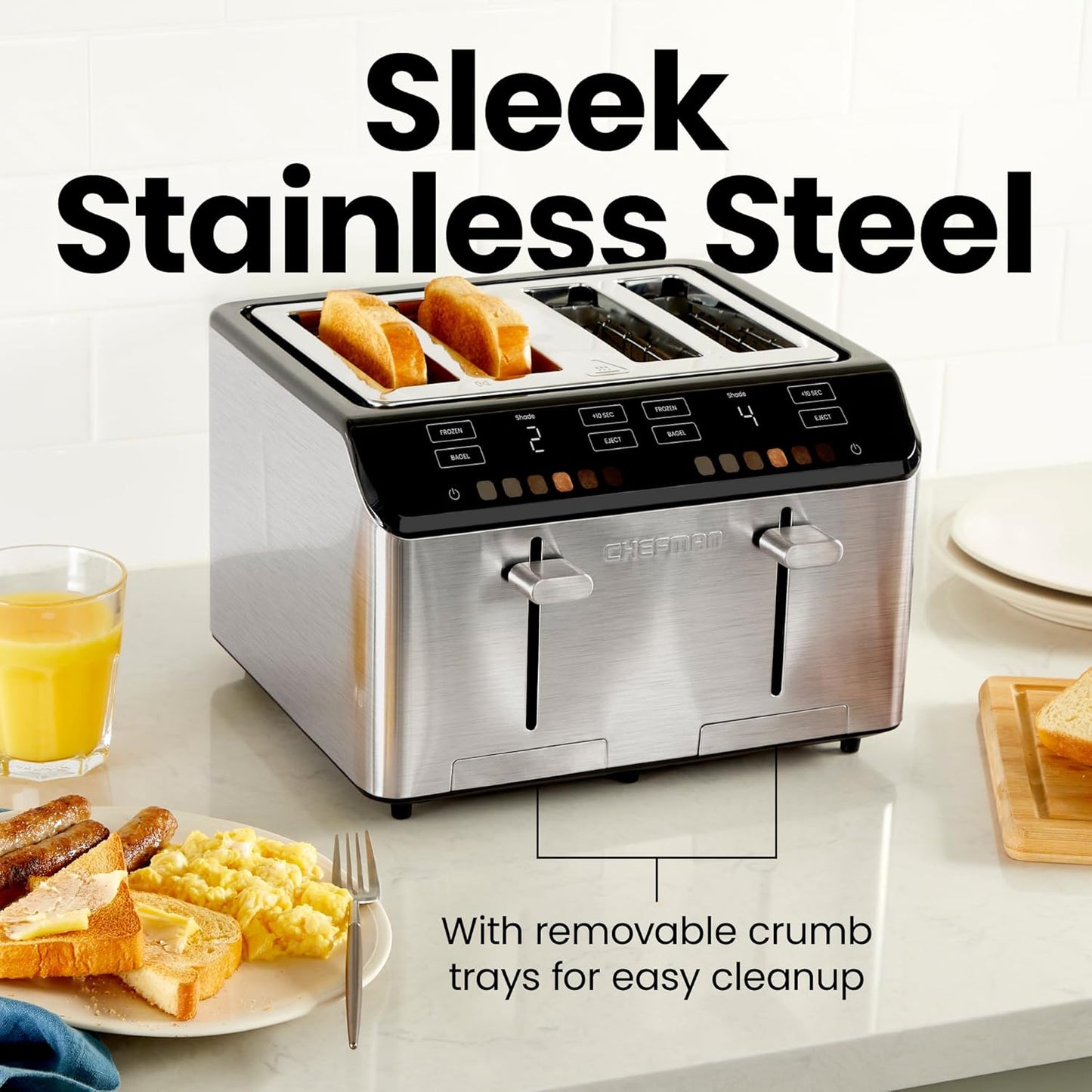 Chefman Smart Touch 4 Slice Digital Toaster, 6 Shade Settings, Touchscreen Bagel Toaster 4 Slice with Extra-Wide Slots, +10 Seconds, Defrost, Removable Crumb Tray – Stainless Steel