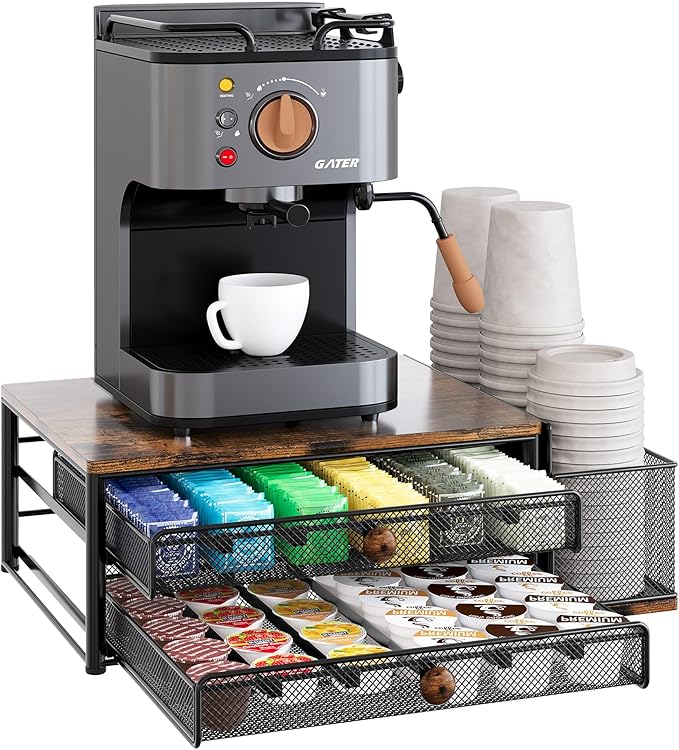 TQVAI K Cup Holder - 60 Capsule Capacity 2 Tier Sliding Pods Storage Drawer with Disposable Cups & Lids Holder, Coffee Bar Station Organizer for Countertop, Black