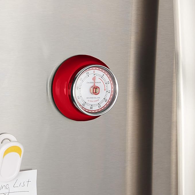 Zassenhaus Magnetic Retro Kitchen Timer, Classic Mechanical Cooking Timer (Red), 2.75-Inch
