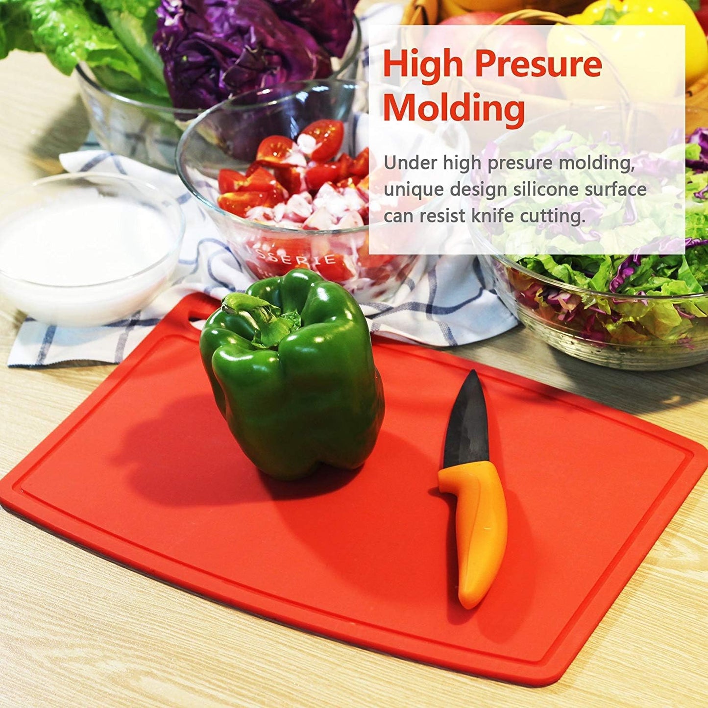 Silicone Thick Cutting Boards Mats Set of 3pcs Foldable & Flexible Design Juice Grooves Easy Grip Handle Dishwasher Safe for Kitchen,BPA free Silicone Cutting Boards/Mats-Red
