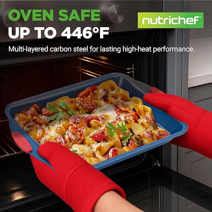 NutriChef 10-Piece Nonstick Bakeware Set - Premium Carbon Steel Baking Pans w/Silicone Handles - Includes Pizza Tray with Holes, 12 & 24 Cup Muffin Pans, Cookie Sheets, Round, Square & Loaf Pan - Blue
