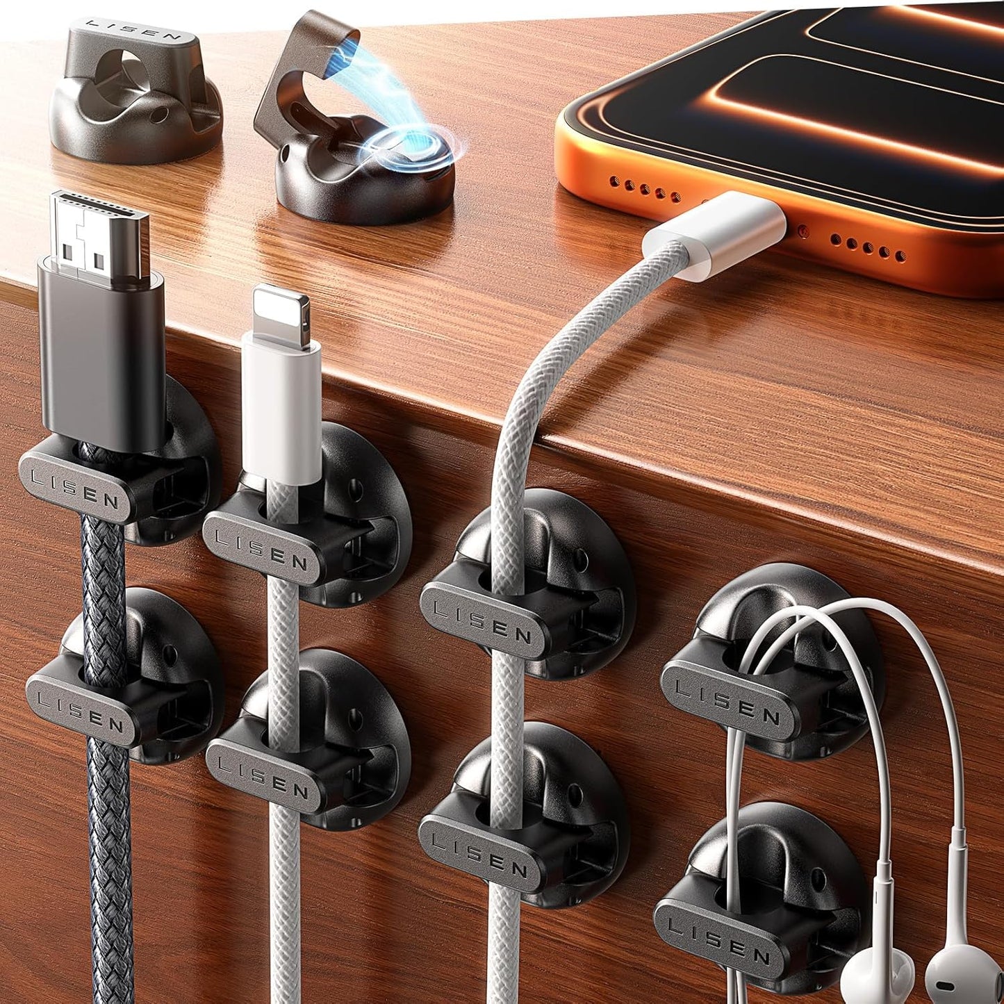 10 Pack Magnetic Cable Clips [2025 Minimum Size] LISEN Halloween Decor Christmas Decorations Indoor, Magnetic Cord Holder for Nightstand Desk, Cable Management for Home Office Organizer Dorm Wall Car