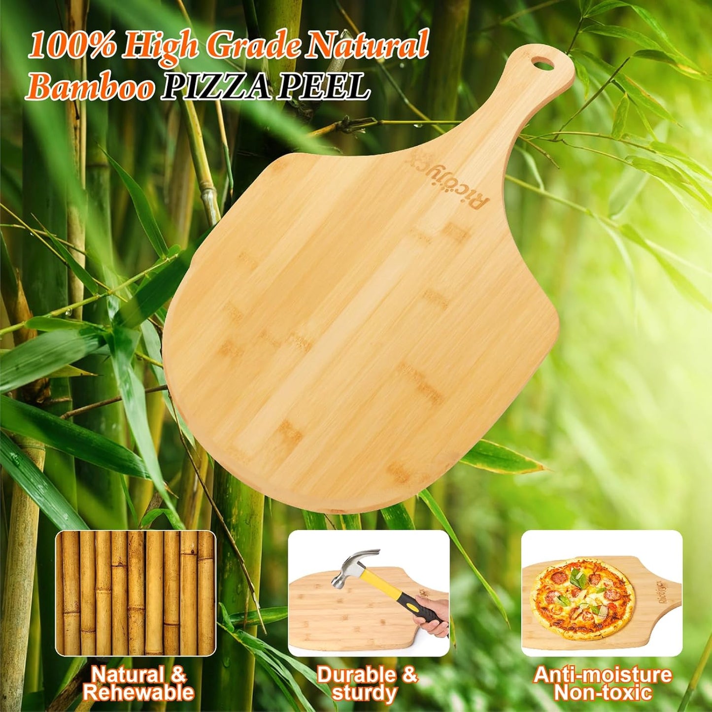 Pizza Peel 12 inch 2 Pack, Bamboo Wooden Pizza Peels for Pizza, Bread, Cheese, Vegetable, Fruits
