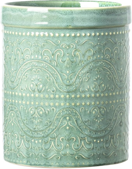 Kitchen Utensil Holder, 7 Inches Large Ceramic Utensil Holder for Countertop, Lace Emboss Cooking Utensil Crocks for Kitchen, Home Decor, Off-White, Forest Green