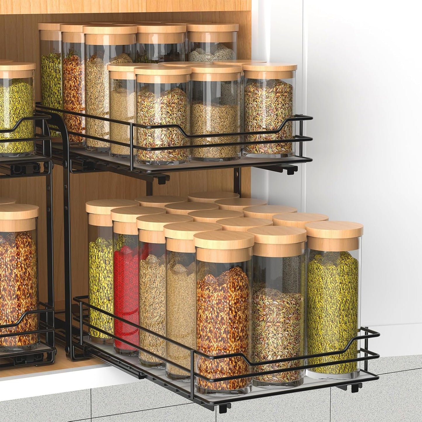 2-Tier Spice Rack, Pull Out Spice Racks Organizer for Cabinet, Height Adjustable Heavy Duty Metal Basket for Inside Cabinets & Pantry Closet (7.5''Wx10.5''Dx9.5''H)
