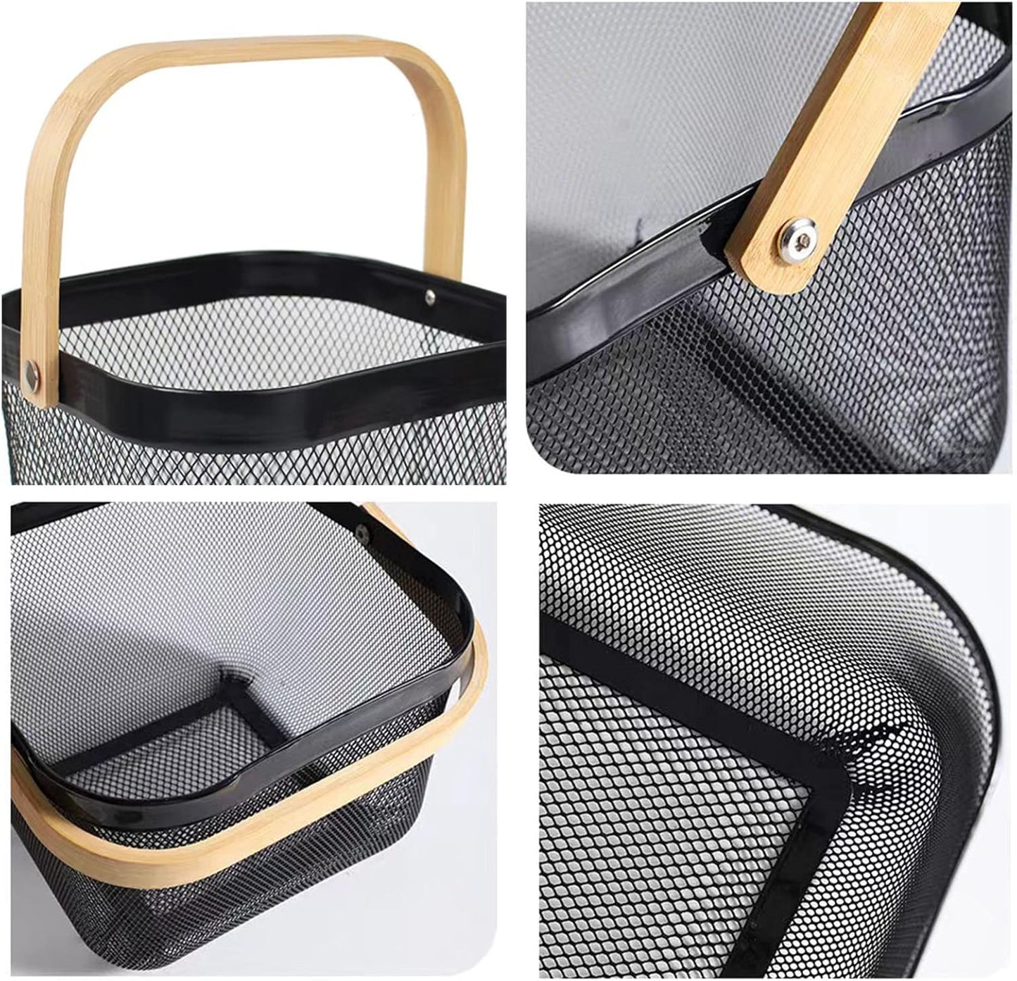 Metal Mesh Steel Basket, Storage Organizer Basket Multi-functional Hanging Kitchen Baskets Fruit Basket Bin with Bamboo Handle for Kitchen Bathroom Picnic Shopping Decor Cabinet Home, Black