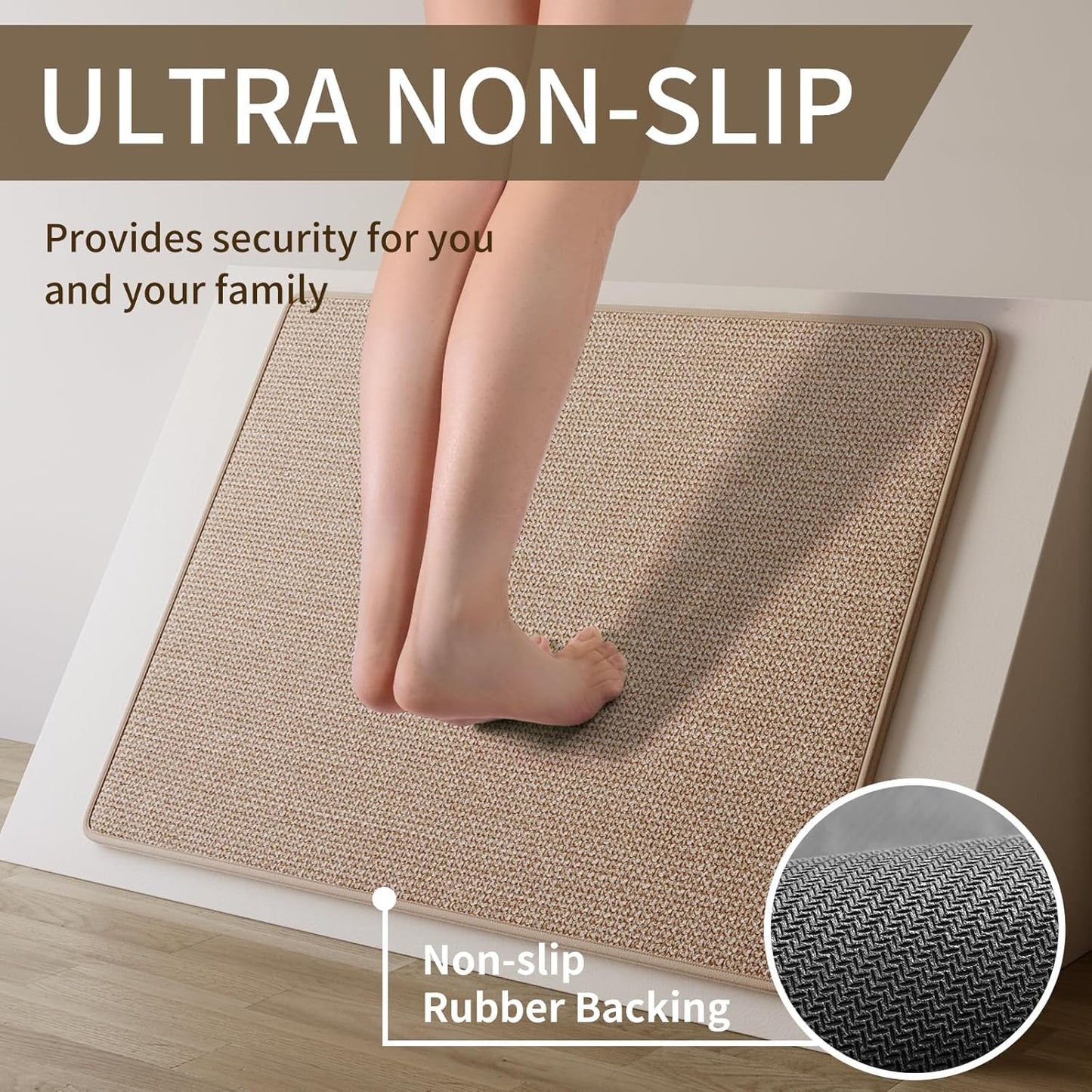 Kitchen Mats for Floor, Super Absorbent Kitchen Rugs Non Slip Washable, Soft Imitation Linen Braided Kitchen Runner Rug, Standing Mat Kitchens Sink Mat, Easy to Clean, Brown 17x95