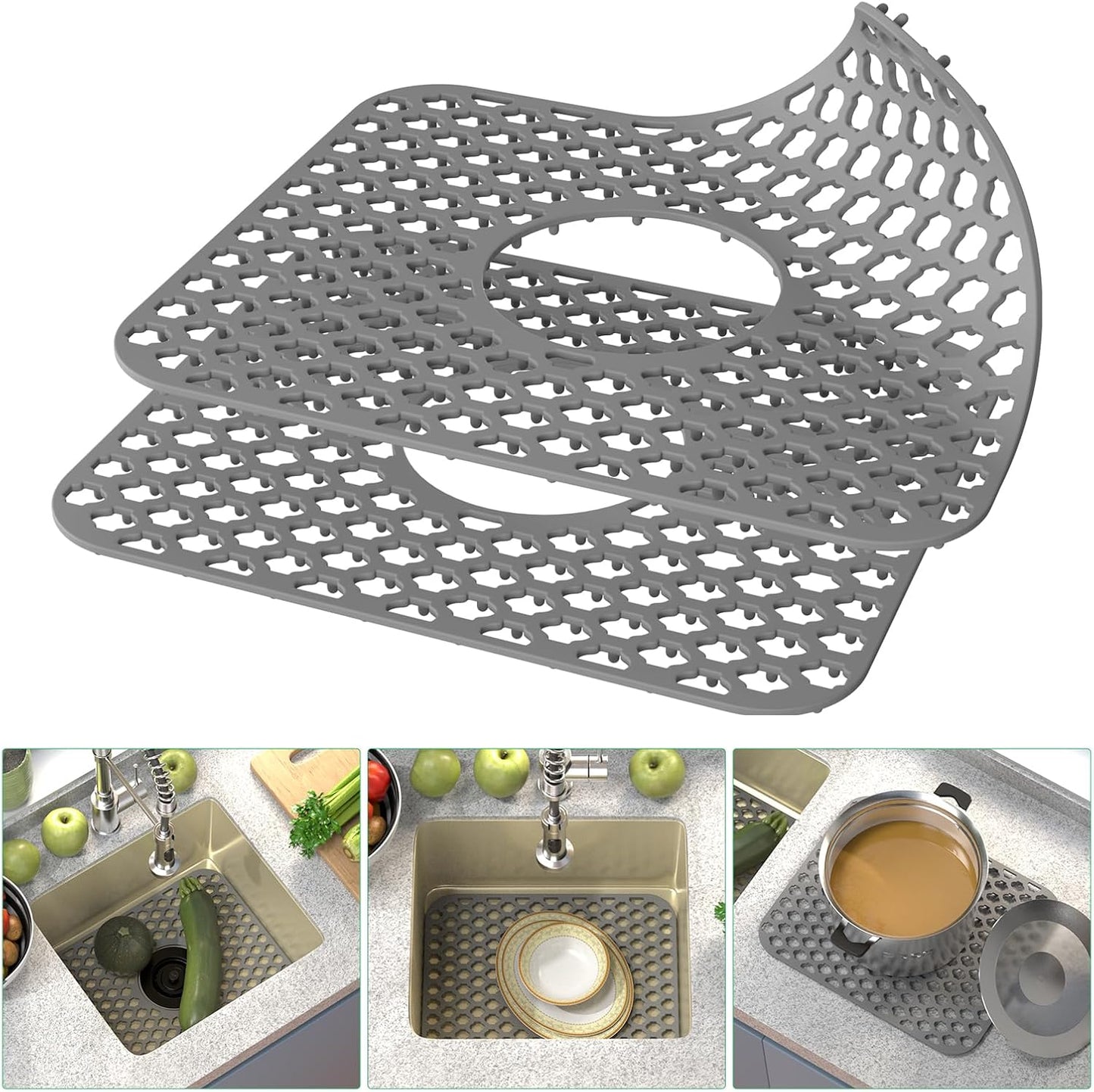 TOOVEM Kitchen Sink Mats, 2PCS Non-Slip Heat Resistant Silicone Sink Protector Mat, Folding Farmhouse Rear Drain Sink Mats, Center Drain, Grey