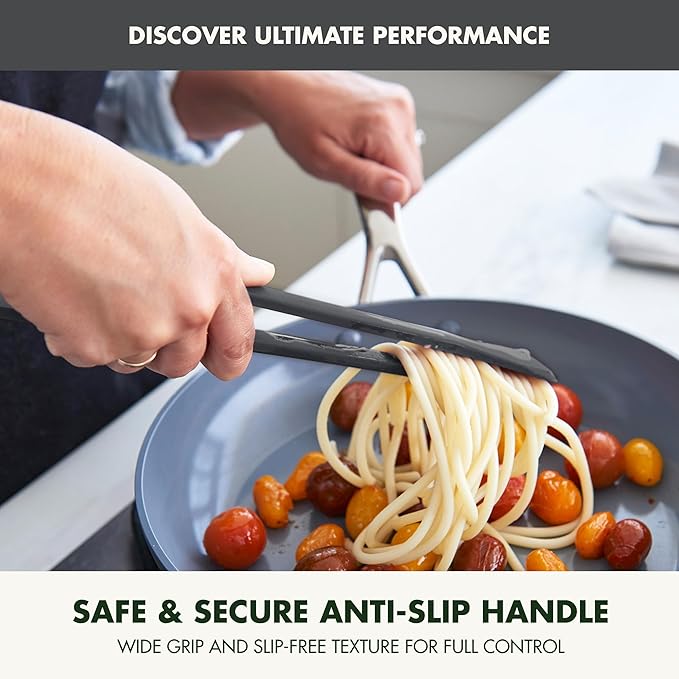 GreenPan Silicone Tong, Cooking Grilling Serving, Salad, Kitchen Utensil, Flexible Rubber Nonstick Cookware, Rigid Steel Core, Heat-Resistant, Anti-Slip Handle, BPA-Free, Dishwasher Safe, Gray