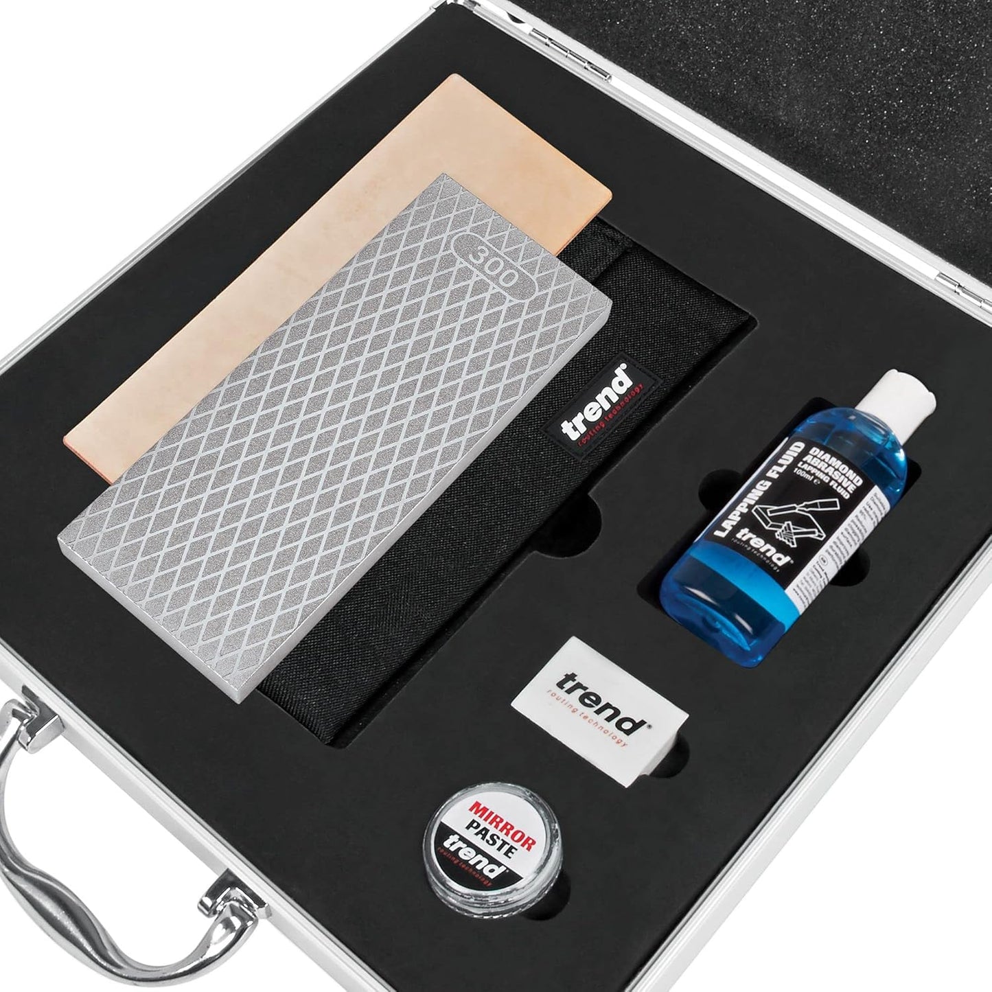 Trend Essential Diamond Sharpening Kit with 300/1000 Grit Bench Stone, Lapping Fluid, Leather Strop, Honing Paste, Cleaning Block & Sharpening Solutions Guide, DWS/KIT/H