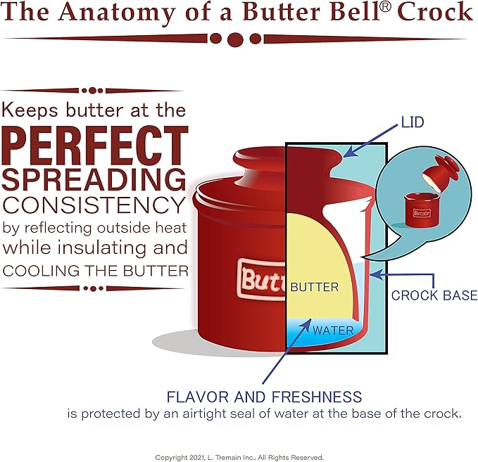 Butter Bell - The Original Butter Bell crock by L Tremain, a Countertop French Ceramic Butter Dish Keeper with Lid for Spreadable Butter, Farmhouse Collection, Honey Bees, Blue & White