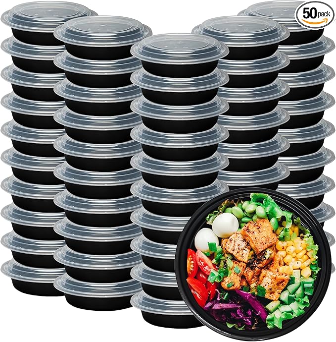 Klex 32 Oz, 50 Sets Meal Prep Containers with Airtight Lids, BPA Free, Reusable Plastic Food Container, 32 oz, Round, Black/Clear, 50 Sets