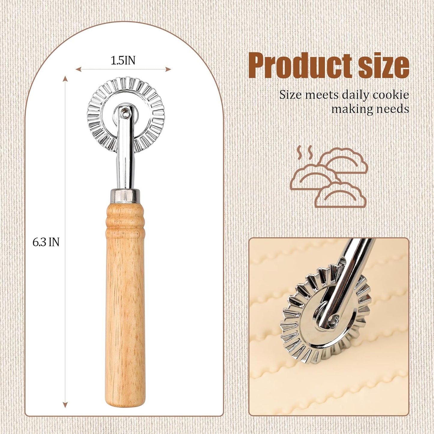 Long Handle Small Cutter Wheel - Exquisite Wooden Handle, Perfect for Pasta, Pizza, Ravioli, Cookie - Versatile Crinkle and Pastry Cutter for Effortless Slicing