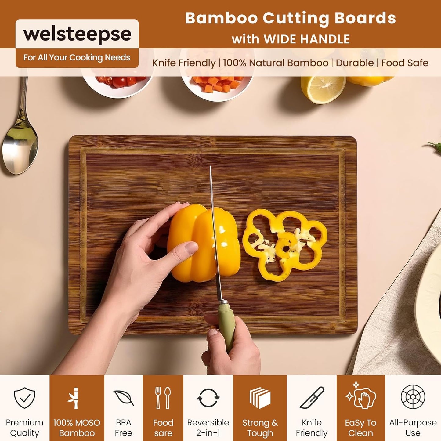 Bamboo Cutting Boards, (Set of 3) with Juice Groove, Bamboo Wood Cutting Board Set for meat, fruit and cheese