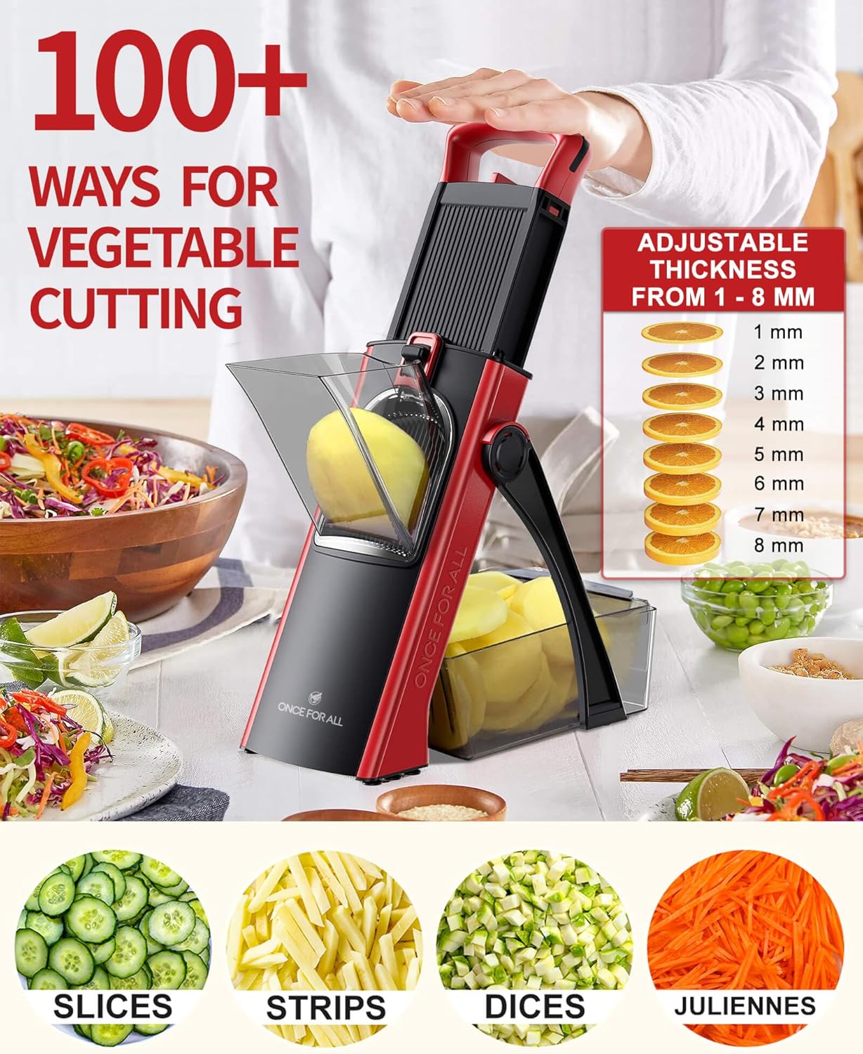 ONCE FOR ALL Safe Mandoline Slicer For Kitchen, Biger Size, Adjustable Vegetable Chopper Food Slicer Potato French Fry Cutter with Peeler, Detachable, Kitchen Chopping Artifact (Red)