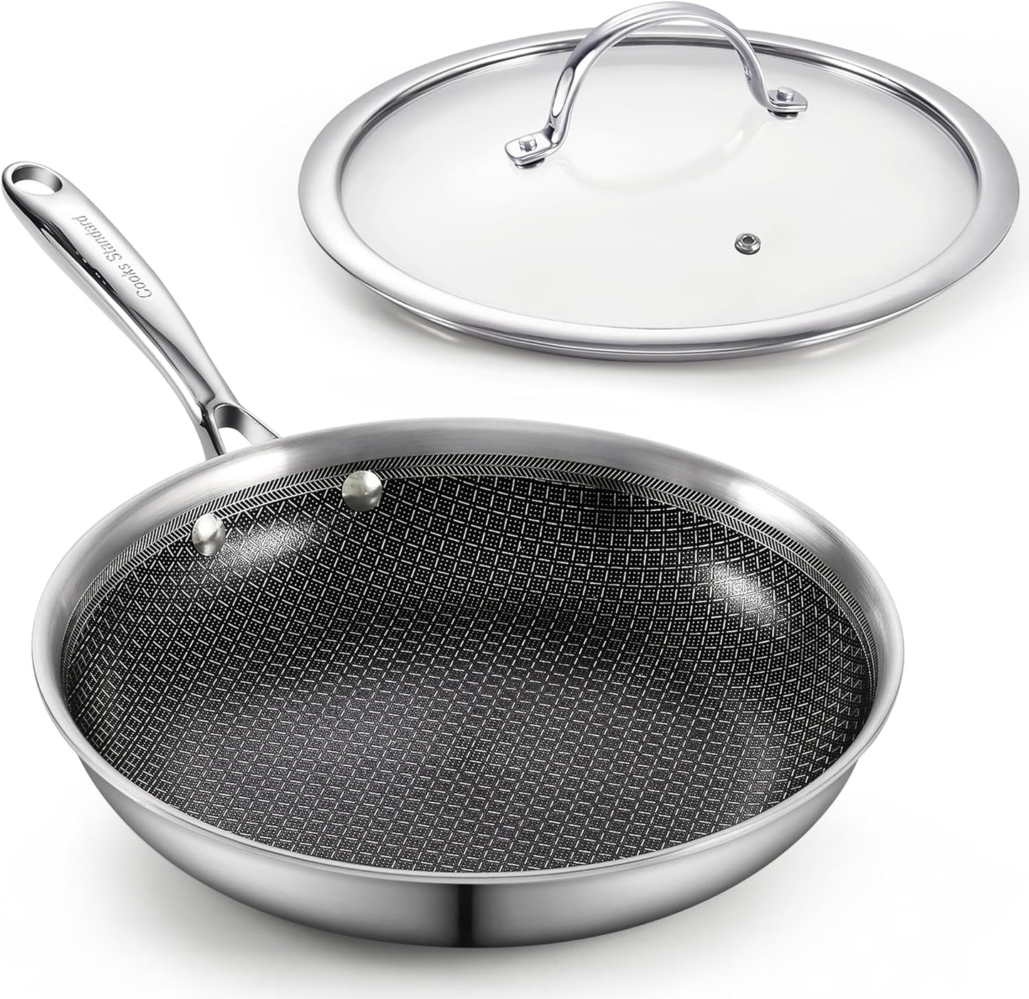 Cooks Standard Hybrid Nonstick Frying Pan, 12-Inch Skillet, Multi-Ply Clad Stainless Steel Fry Pan with Tempered Glass Lids, Oven Safe, Compatible with All Stovetops