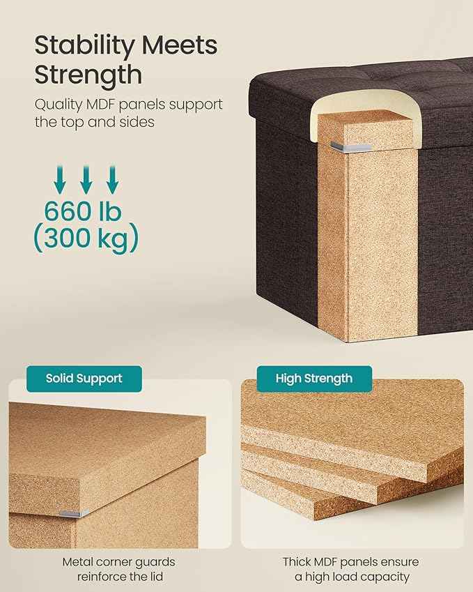 SONGMICS MAZIE Collection - 43 Inches Folding Storage Ottoman Bench, Ottoman Foot Rest, End of Bed Bench, Storage Chest, Load 660 lb, for Living Room, Bedroom, Entryway, Brown ULSF77BR