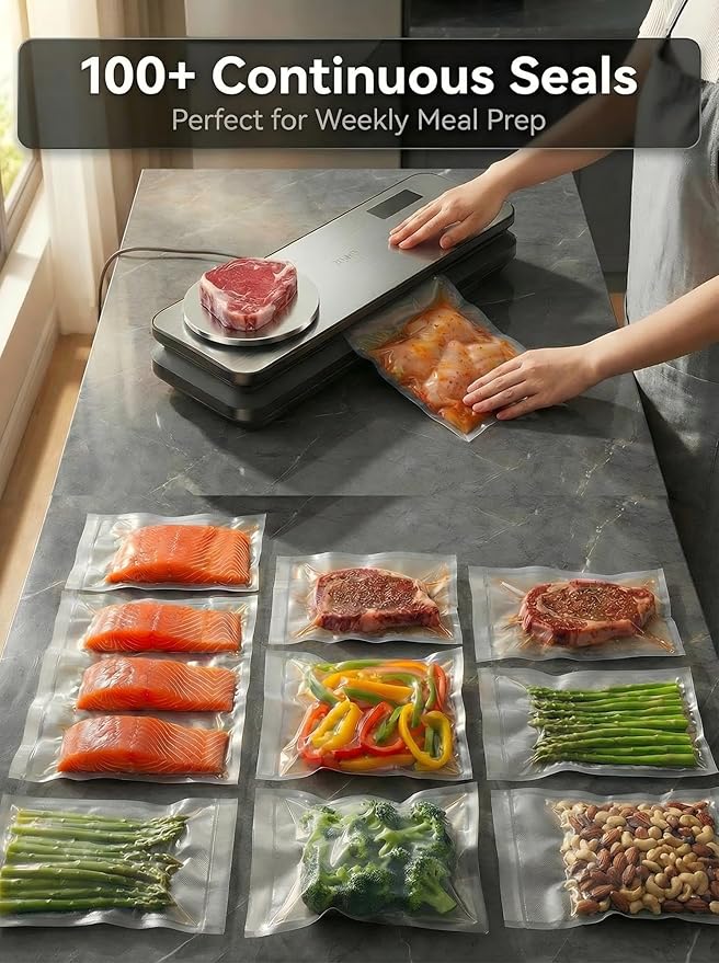 Vacuum Sealer for Food, 90kPA Powerful Food Saver Vacuum Sealer Machine with Digital Kitchen Scale, 12-in-1 Food Vacuum Sealer with Dry & Moist Food Modes, 10 pcs & 1 Roll Vacuum Bags, Starter Kits