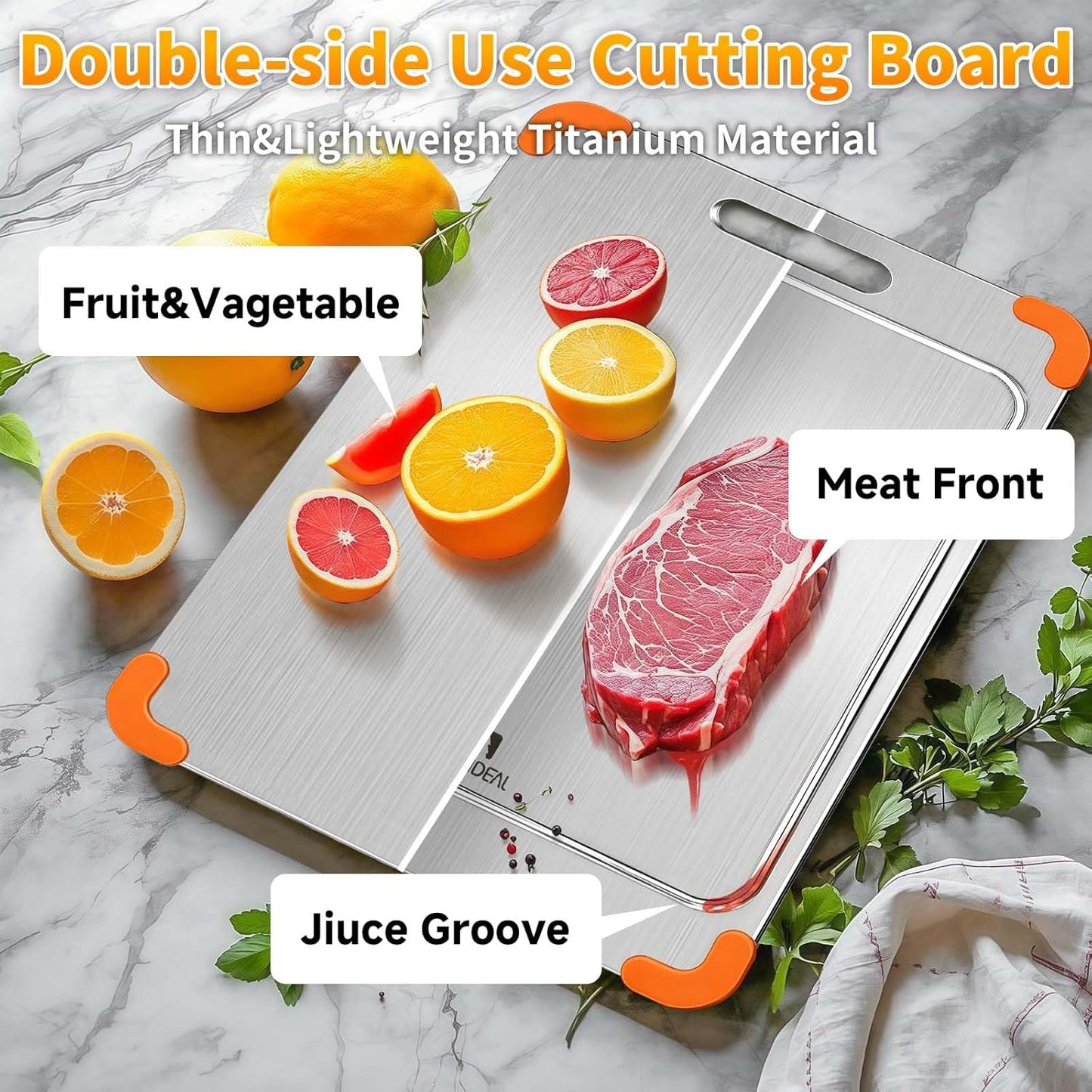 100% Pure Titanium Cutting Board with Grooves, Update Double Side Titanium Chopping Board, Silicone Anti-slip Stainless Cutting Boards for Kitchen 10 * 14 IN, Orange