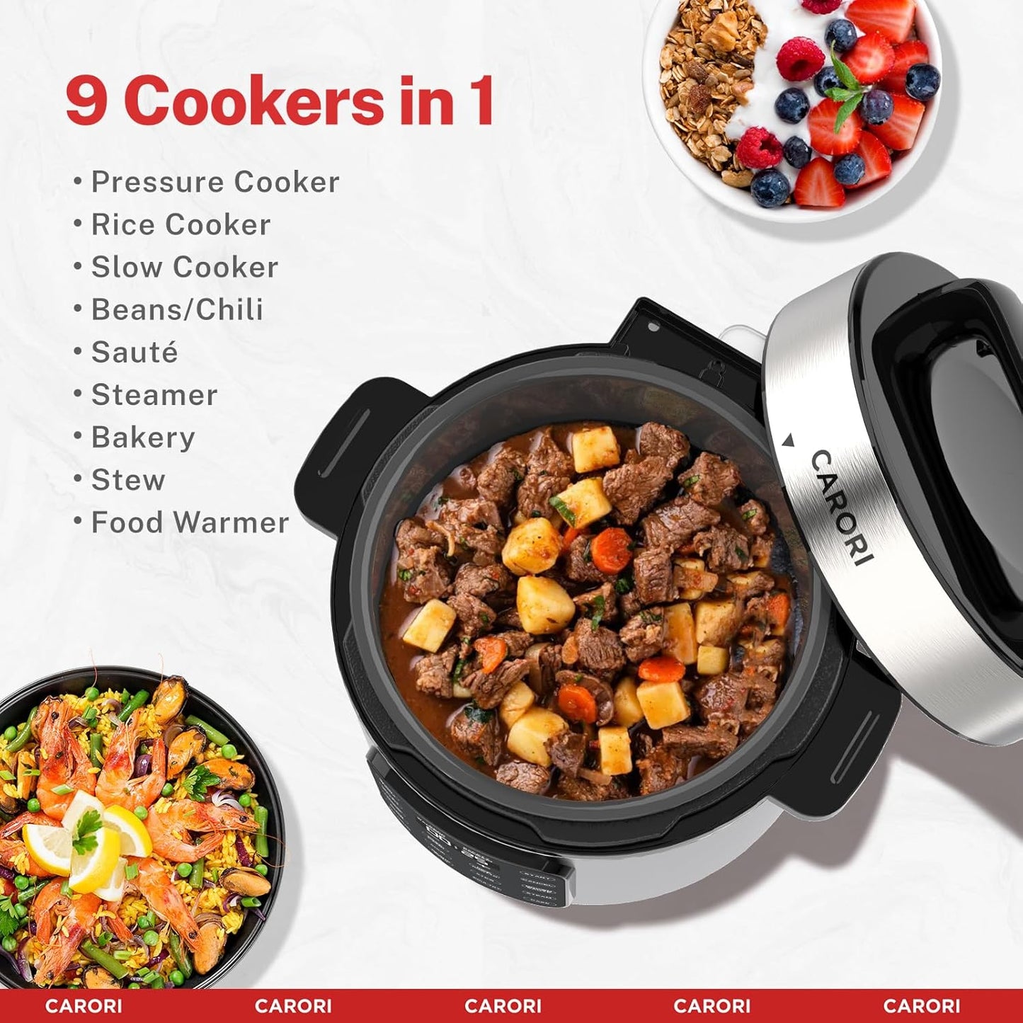 9-in-1 Electric Pressure Cooker 6 Qt, Programmable Multi-Function with Safer Vent, Olla de Presion, Rice Cooker, Slow Cooker, Steamer, Sauté, Warmer & Sterilizer, 1000W, Stainless Steel