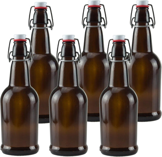 Ilyapa 16oz Amber Glass Beer Bottles for Home Brewing - 6 Pack with Airtight Rubber Seal Flip Caps