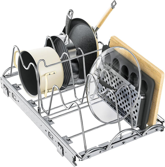 Pull Out Pots and Pans Organizer Under Cabinet, Slide Out Pot Lid Holder, Baking Tray and Cookie Sheet Storage, Adjustable Width, Fully Extendable Kitchen Cabinet Organizers(11’’W×17’’D)