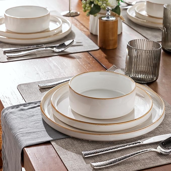 GBHOME Ceramic Dinnerware Sets for 4, 12 Pieces Stoneware Plates and Bowls Sets, Reactive Glaze Dishes -Scratch Resistant, Dishwasher&Microwave Safe-Pearl White