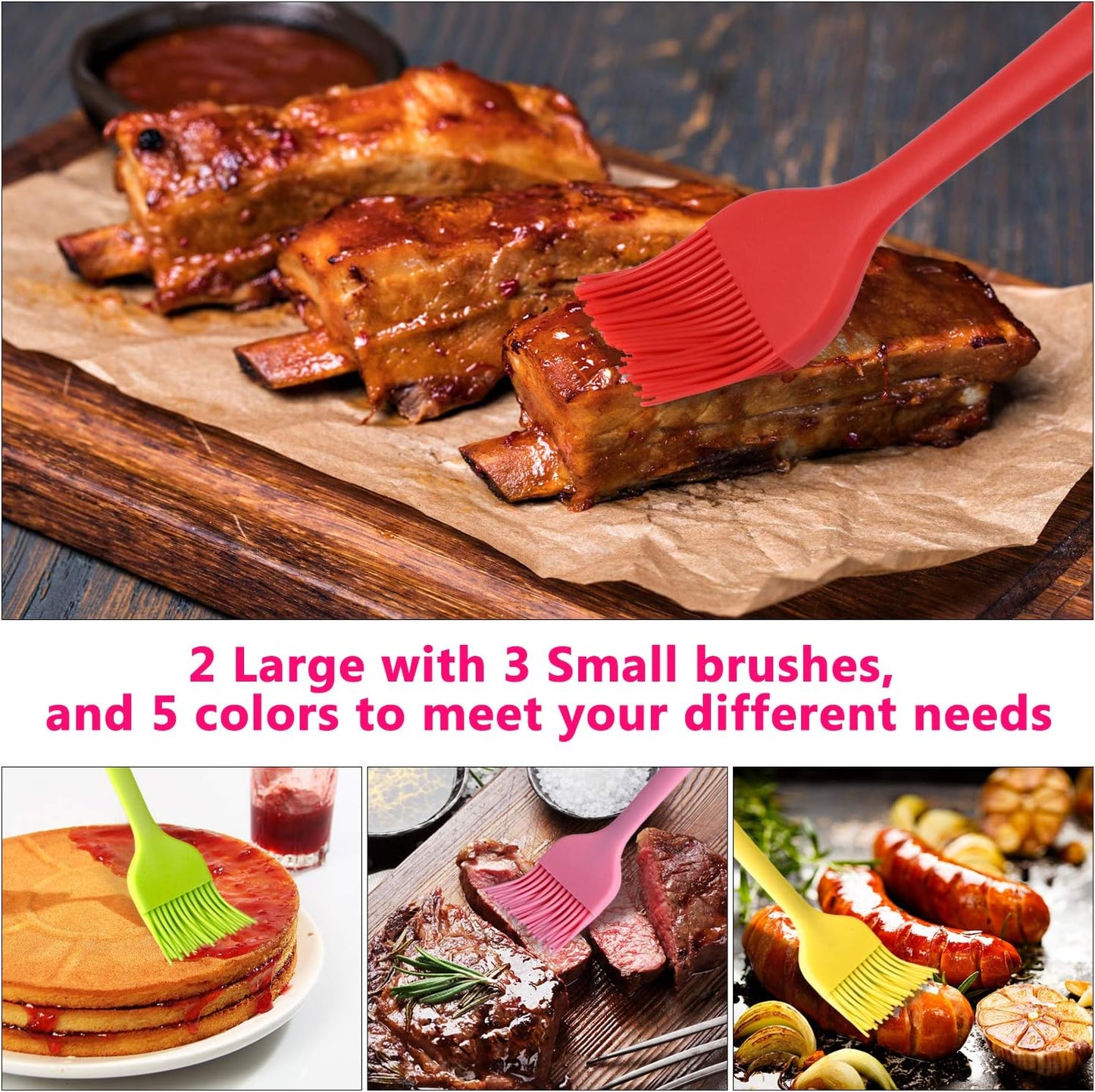 Silicone Basting Pastry Brush Set 5 Pack Heat Resistant Spread Oil Butter Sauce for BBQ Grill Barbeque Kitchen Baking Cooking Pastries, 2 Large & 3 Small Multicolor