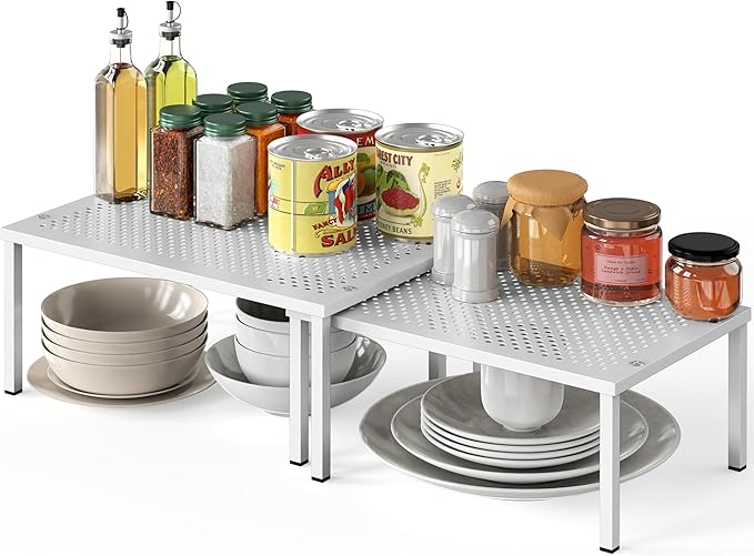 Simple Houseware Expandable Stackable Kitchen Counter Shelf Organizer, White, Metal Top, 11.25"L x 7.9"W x 5.4"H