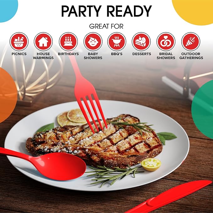Party Solids Red Plastic Silverware Heavy Duty 150 Pieces Red Plastic Cutlery Sets, Utensil Sets, 50 Of Each Forks, Knives & Spoons Disposable Cutlery Set, Flatware Set For Party Supplies