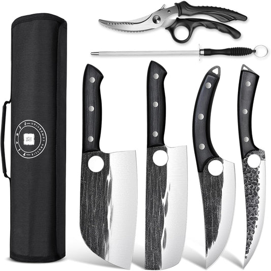 TIVOLI Professional Butcher Knife Set for Meat Processing, 7Pcs High Carbon Steel Hand Forged BBQ Knife Sets, Serbian Chef Knife Set with Ergonomic Handle for Kitchen Outdoor Cooking Father's Day Gift