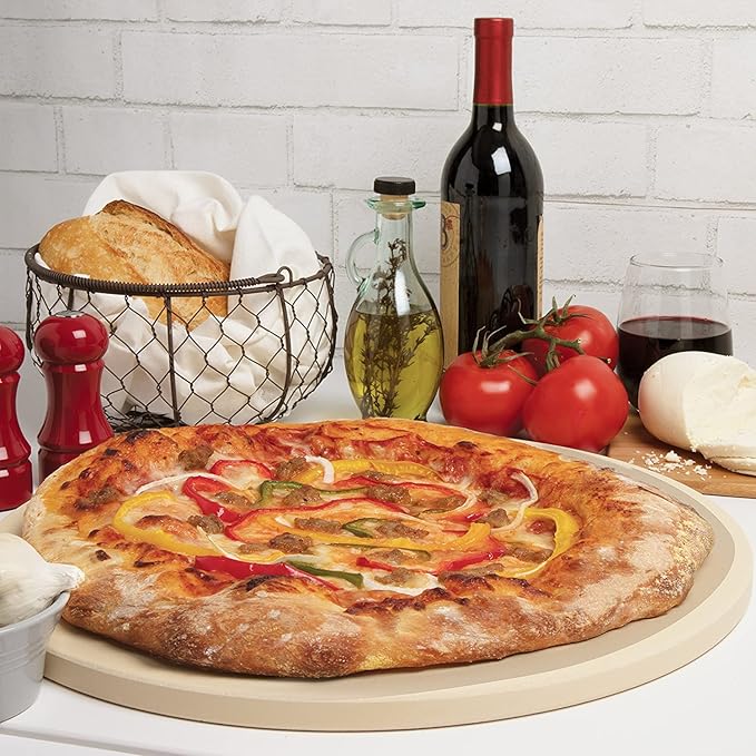 Pizza Stone for Oven, Grill, BBQ - Round 5/8 Inch Extra Thick Baking Stone w Safe Even Heating- XL 16.5" Pan for Crispy Crust, Heavy Duty Cordierite Holds High Temp- Kitchen Essential Must Have Gift