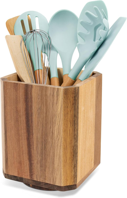RedCall Acacia Wood Utensil Holder, 360° Rotating Large Cooking Utensil Organizer, Kitchen Tool Storage for Countertop,Spoon Spatula Holder for Kitchen Counter,Farmhouse Decor (1 Pack)