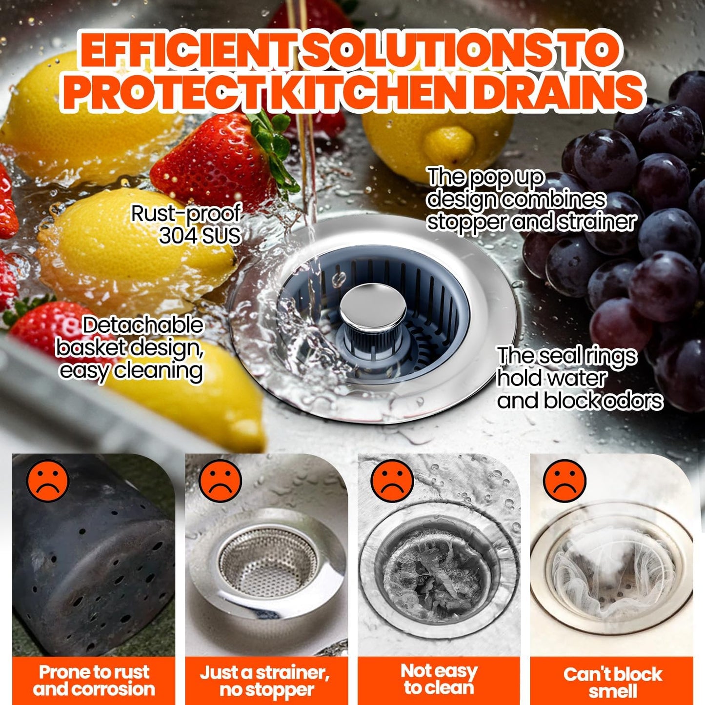 Kitchen Sink Drain Strainer & Sink Stopper, Upgraded 3 in 1 Stainless Steel Drain Plug Combo with Anti-Clog Basket, Pop Up Drain Cover for Standard 3-1/2'', Fits Double Bowl Kitchen Sinks