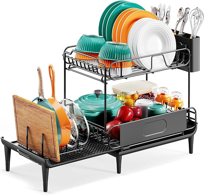 Urackify Dish Drying Rack for Kitchen Counter, Expandable 2 Tier Dish Rack, Large Capacity Dish Drainer with Drainboard Multifunctional Dish Strainer with Removable Cutlery Holder Black