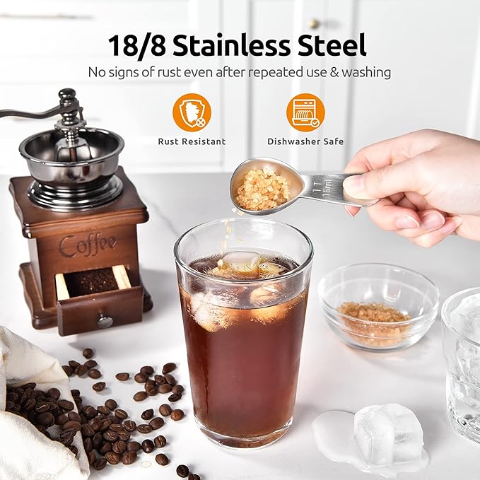 18/8 Stainless Steel Coffee Scoop: U-Taste 1 Tablespoon Metal Measuring Spoon Set of 2, Short Handled Measure Scooper for Ground Coffee, Bean, Espresso, Powder, for Canister (Silver, 1Tbsp/15ml)