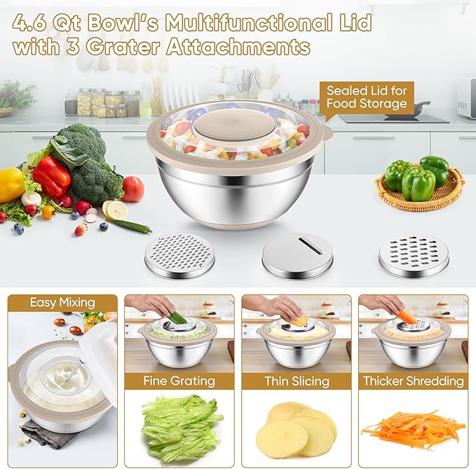 P&P CHEF Mixing Bowls with Lids Set of 3, Stainless Steel Mixing Bowl and Colander for Kitchen, 3 Grater Attachments & Non-Slip Bottoms, Visible & Airtight Lid, Khaki