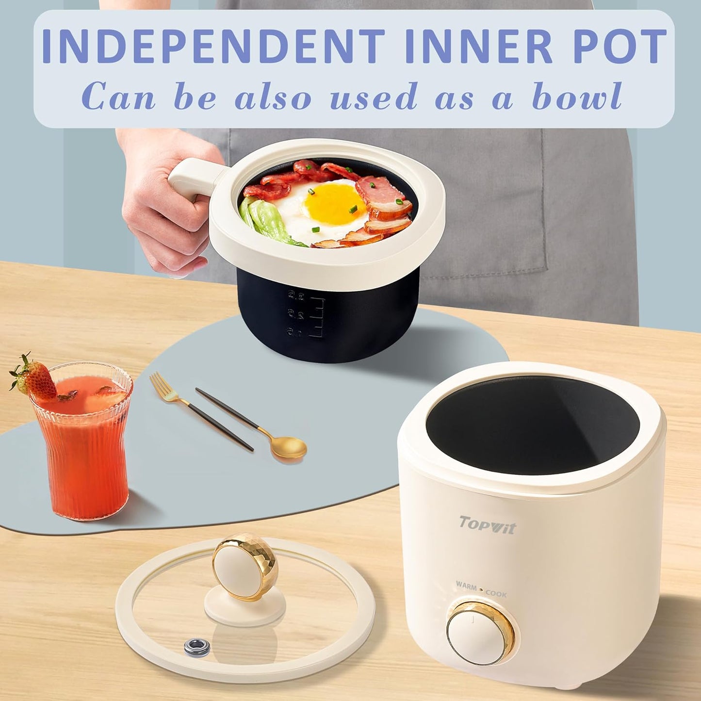 TOPWIT Rice Cooker Small, Mini Rice Cooker 2 Cups Uncooked, 1.2L Portable Rice Maker with Non-stick Coating, BPA Free, One Touch & Keep Warm Function, Beige